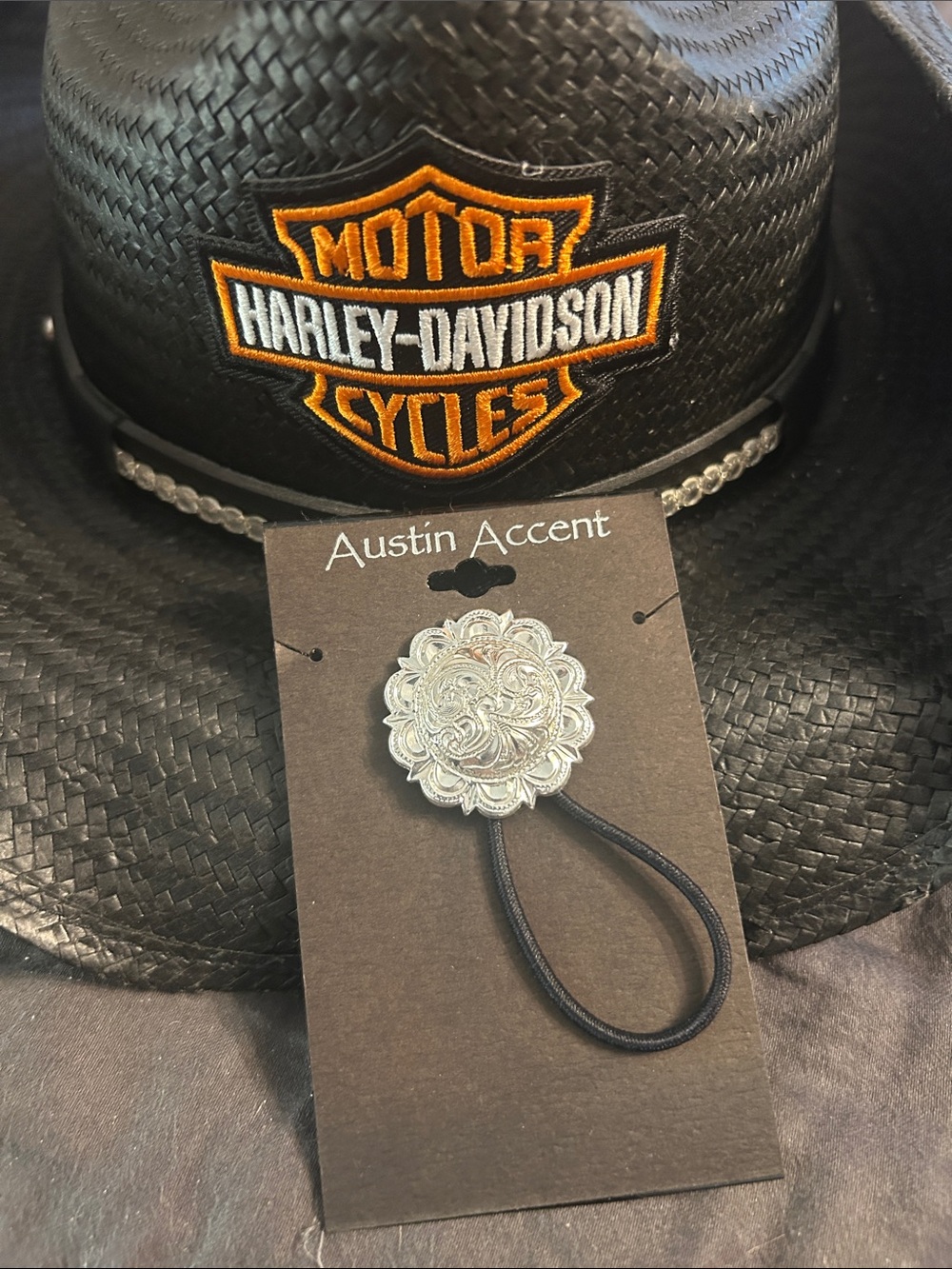 Rare Harley-Davidson Black Woven Cowgirl Hat with Silver Emblemu free hair tie